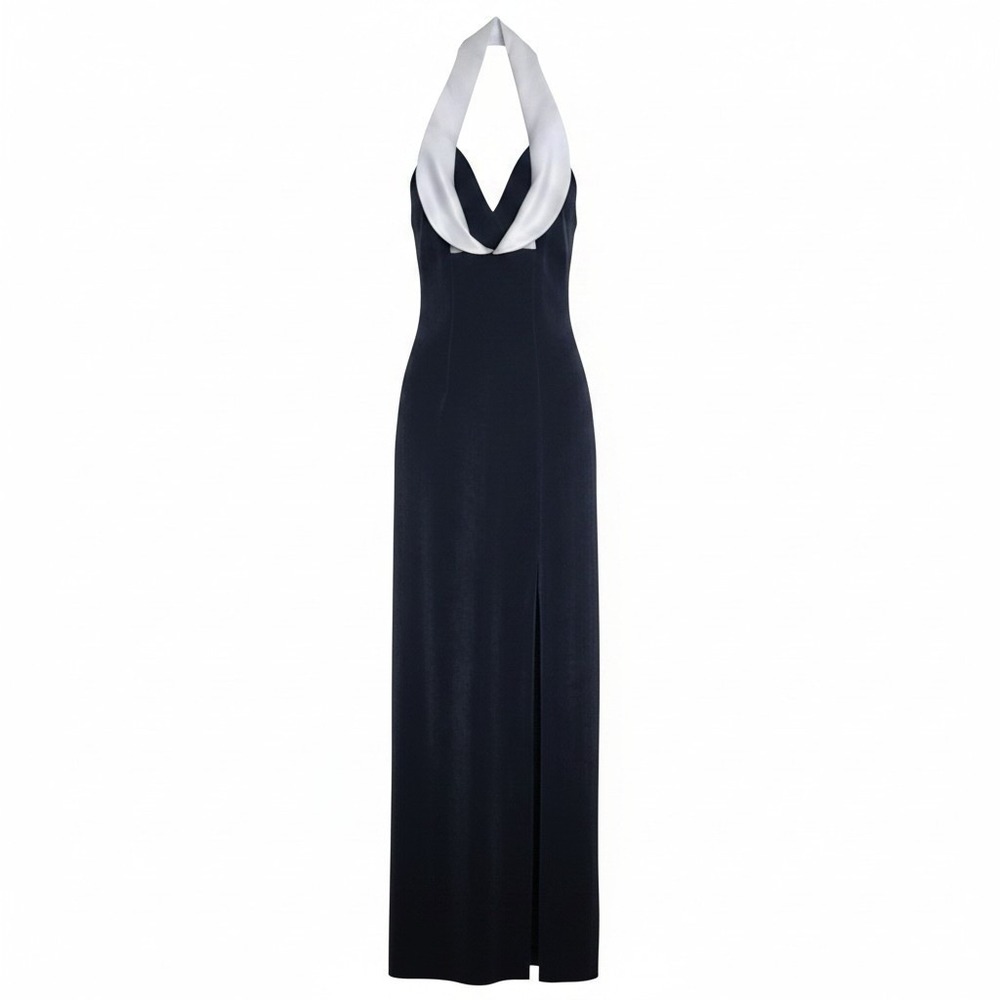 Vintage Cache Black Halter Maxi Dress White Contrast Collar High Slit USA Made P